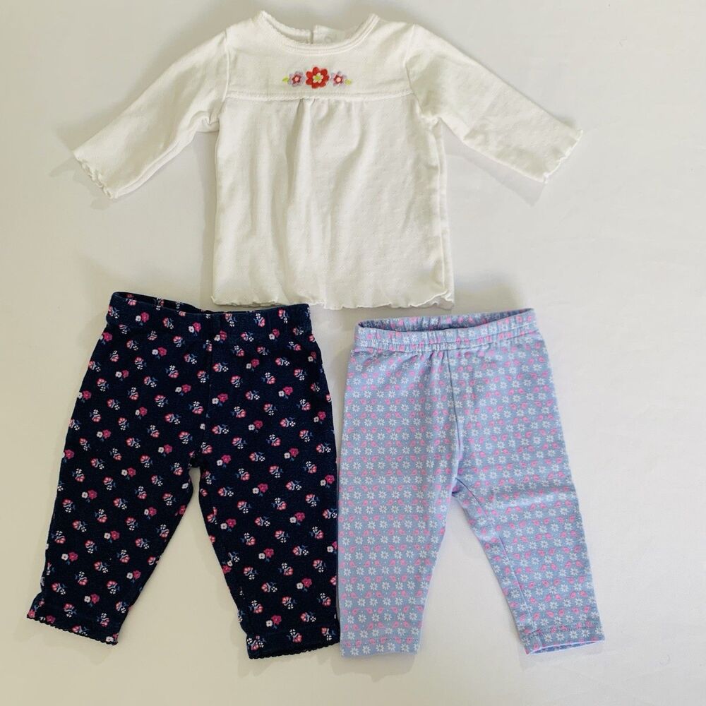 Carters Baby Girl Clothes Lot 3 Months Floral Cat White Blue Long Sleeves Pants‎